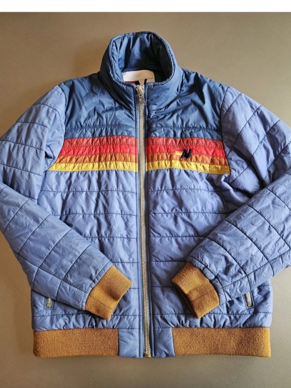 Aviator Nation Light Blue Puffer Jacket with Rainbow Stripe